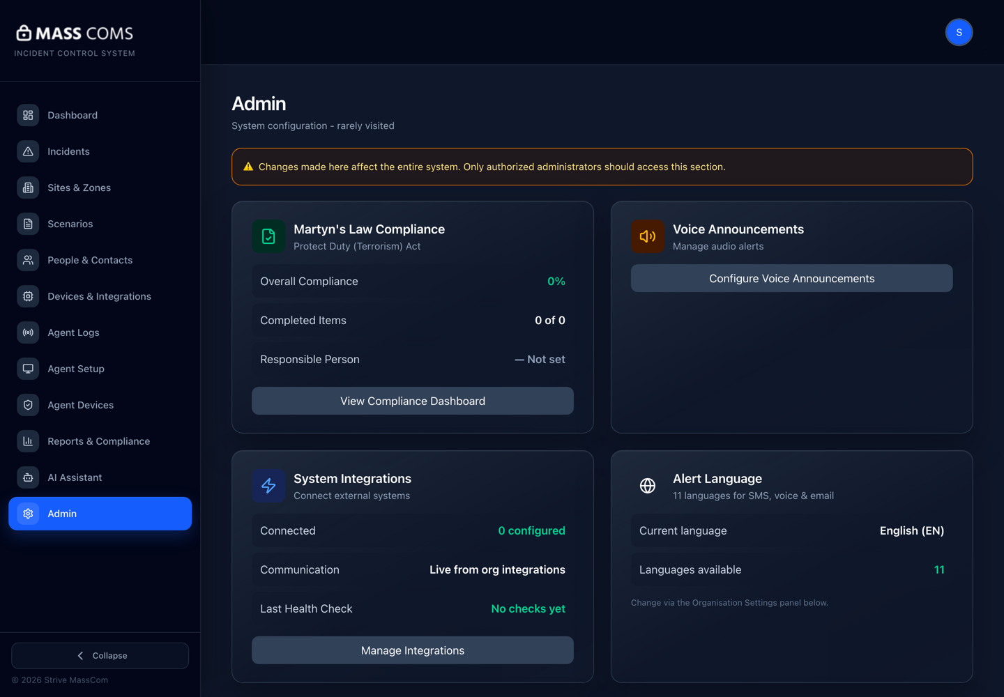 MassComs Admin screen showing compliance, voice announcements, integrations, alert language, floorplan builder and assembly point panels.