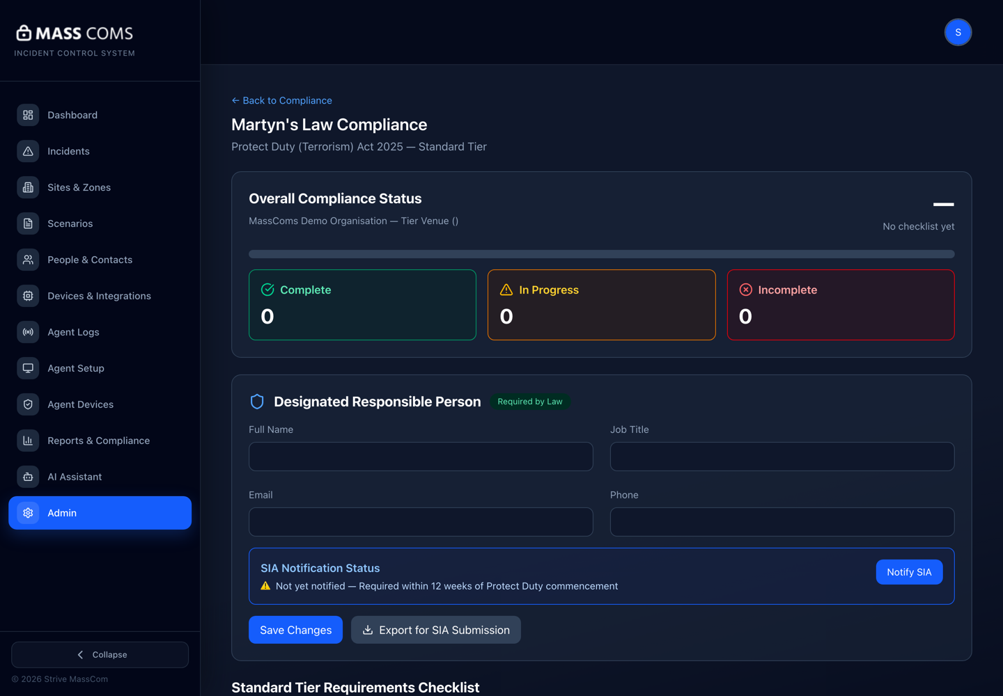 MassComs Martyn's Law Compliance screen showing overall status, the designated responsible person block and SIA notification status.