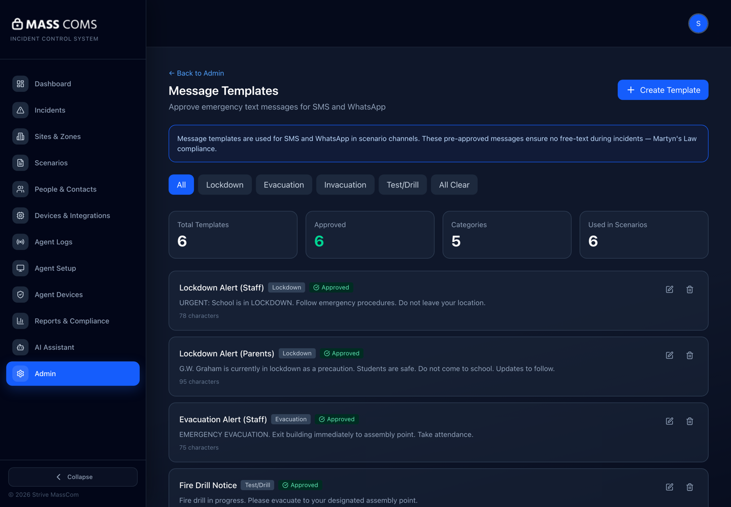MassComs message templates screen showing approved SMS and WhatsApp templates by category.
