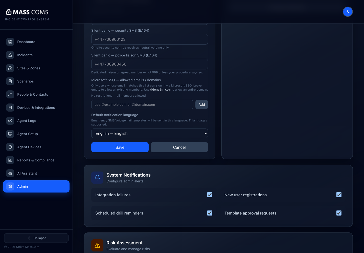 MassComs organisation settings panel.
