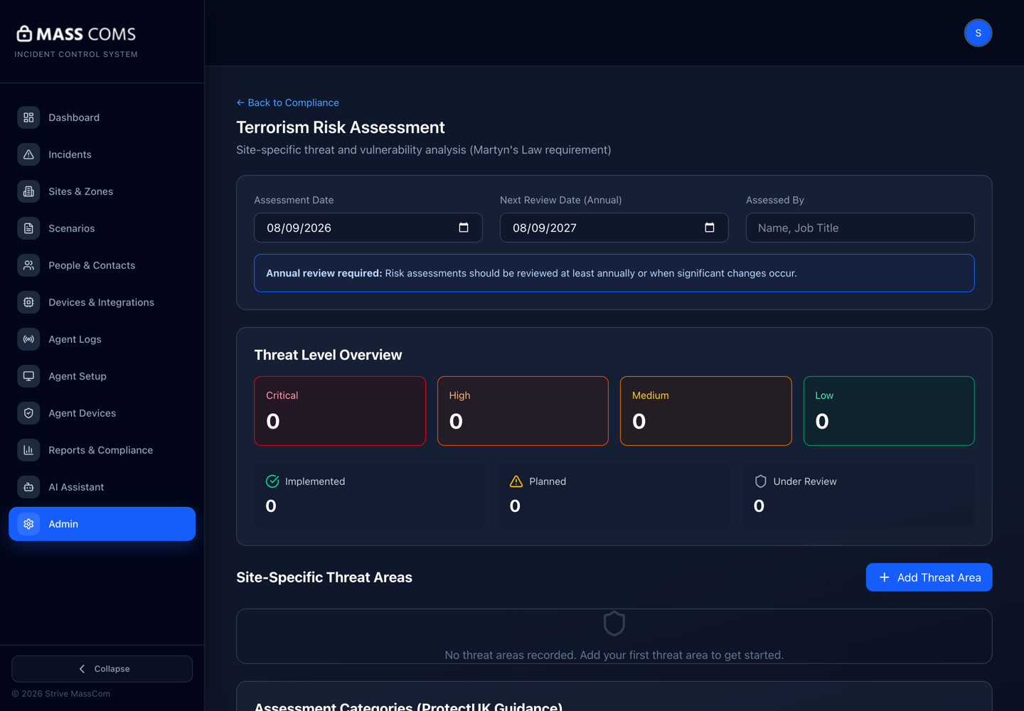 MassComs terrorism risk assessment screen showing assessment categories, threat areas and mitigation status.