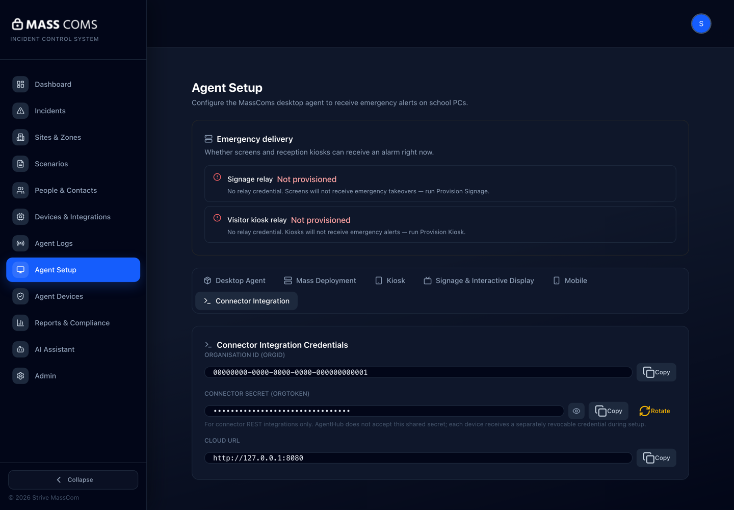 MassComs Agent Setup Connector Integration tab showing Organisation ID, Connector Secret with a rotate action, and Cloud URL.
