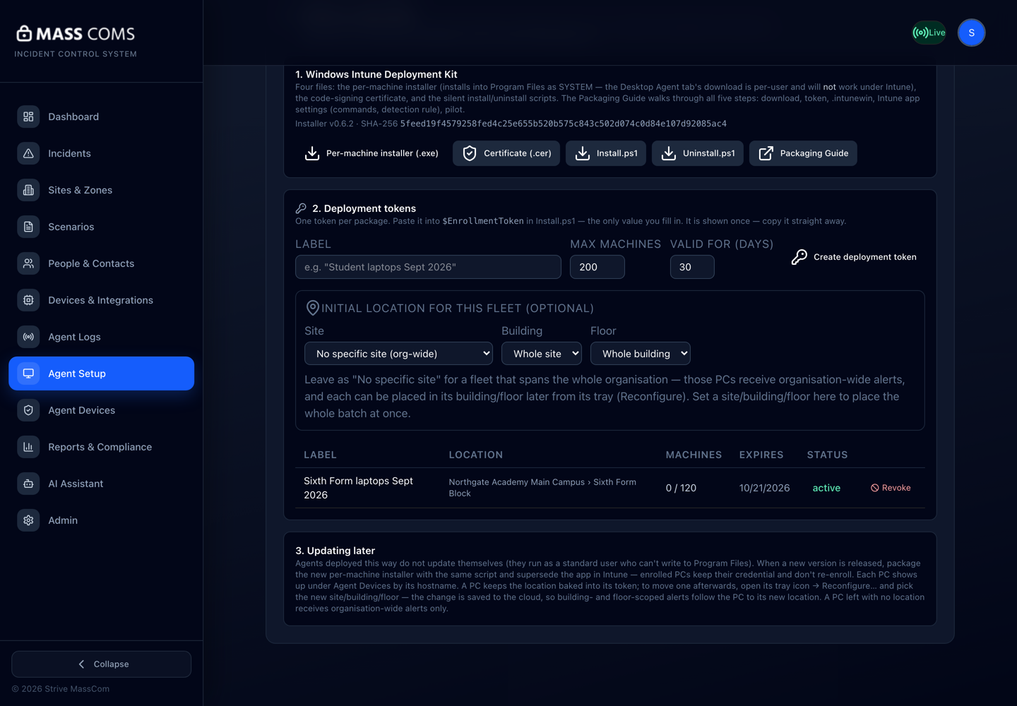 MassComs Agent Setup, Mass Deployment tab, showing the deployment kit downloads, the token form with initial location, and one active token in the table.