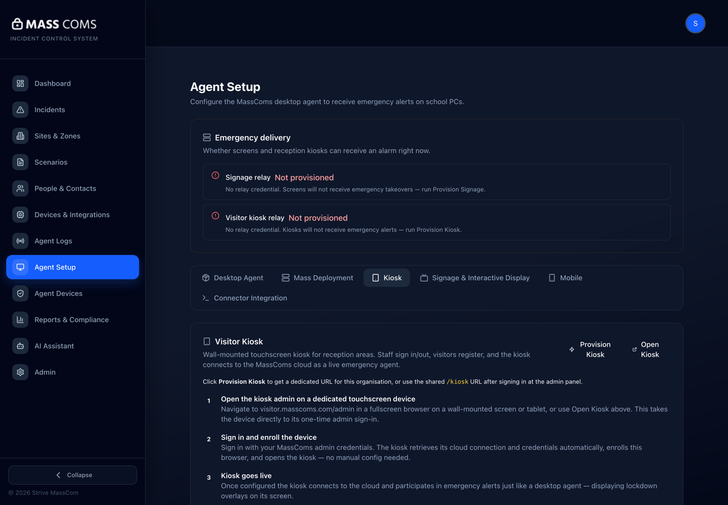 MassComs Agent Setup Kiosk tab with the Provision Kiosk action and emergency delivery status.