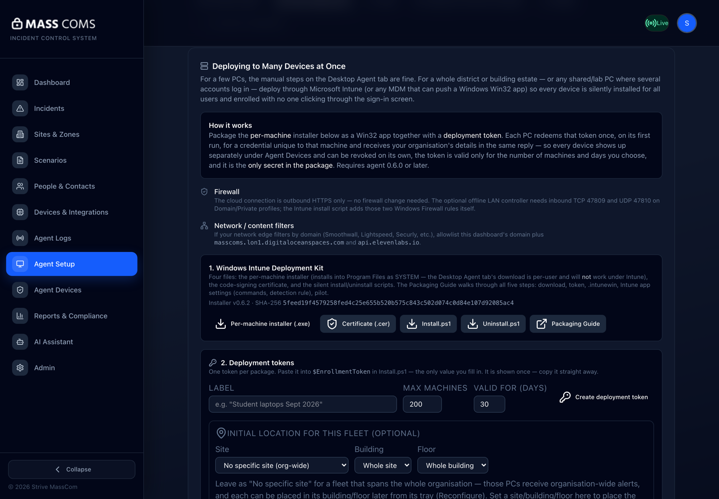 MassComs Agent Setup, Mass Deployment tab, showing the deployment kit downloads and the deployment tokens panel.