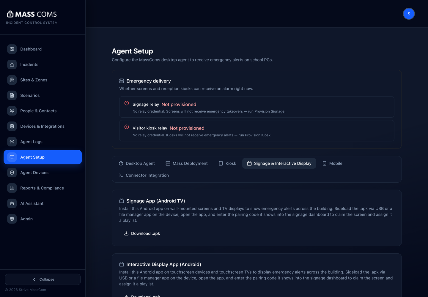 MassComs Agent Setup Signage tab showing provisioning and emergency delivery status.