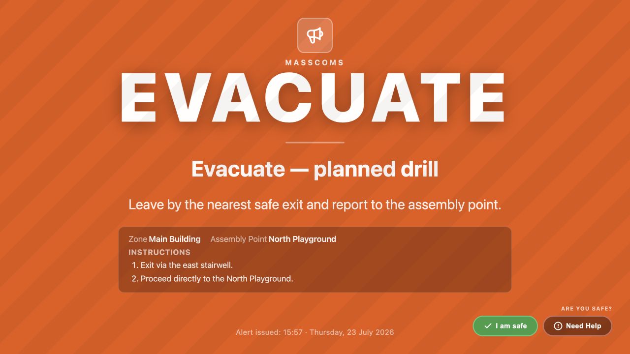 MassComs Agent showing its full-screen emergency overlay.