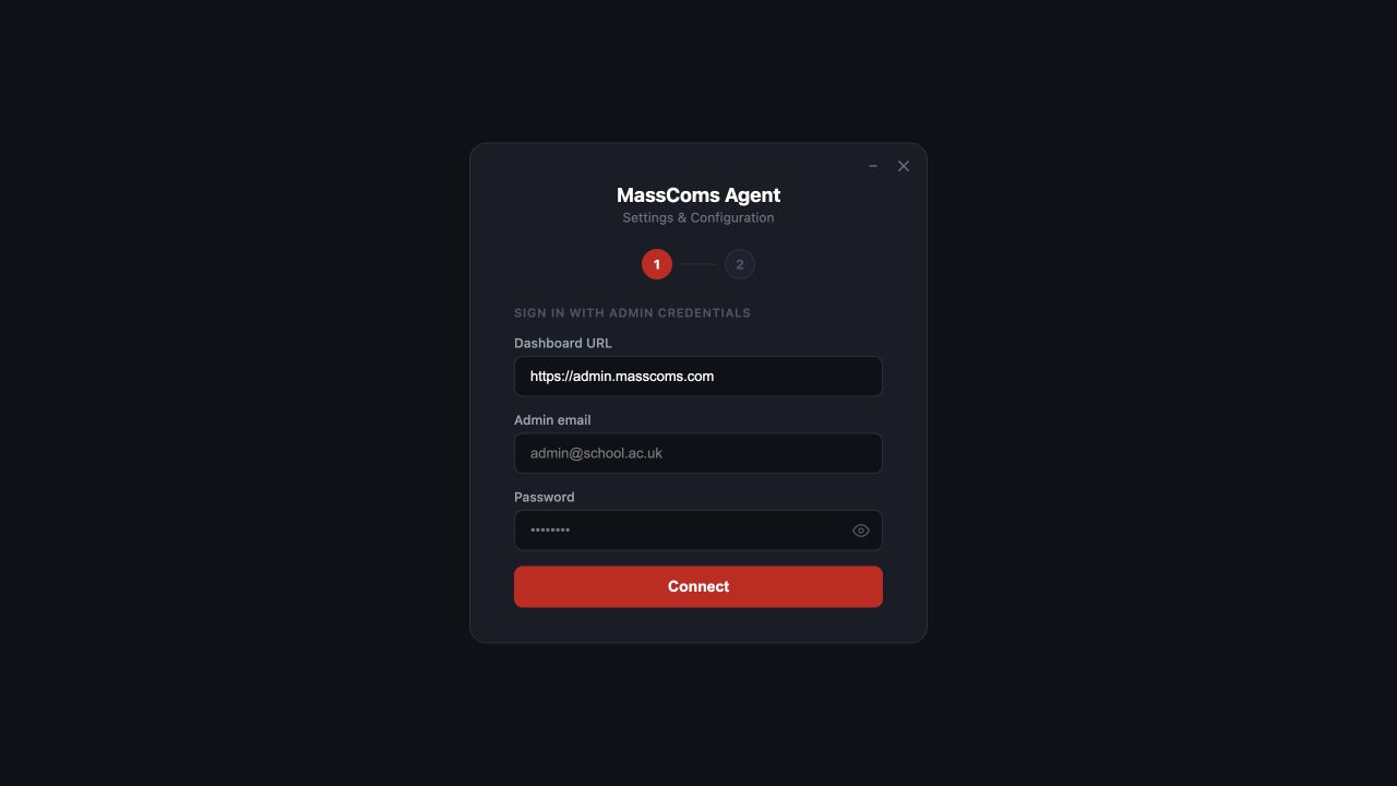MassComs Agent Setup window showing the Dashboard URL, admin email and password fields.