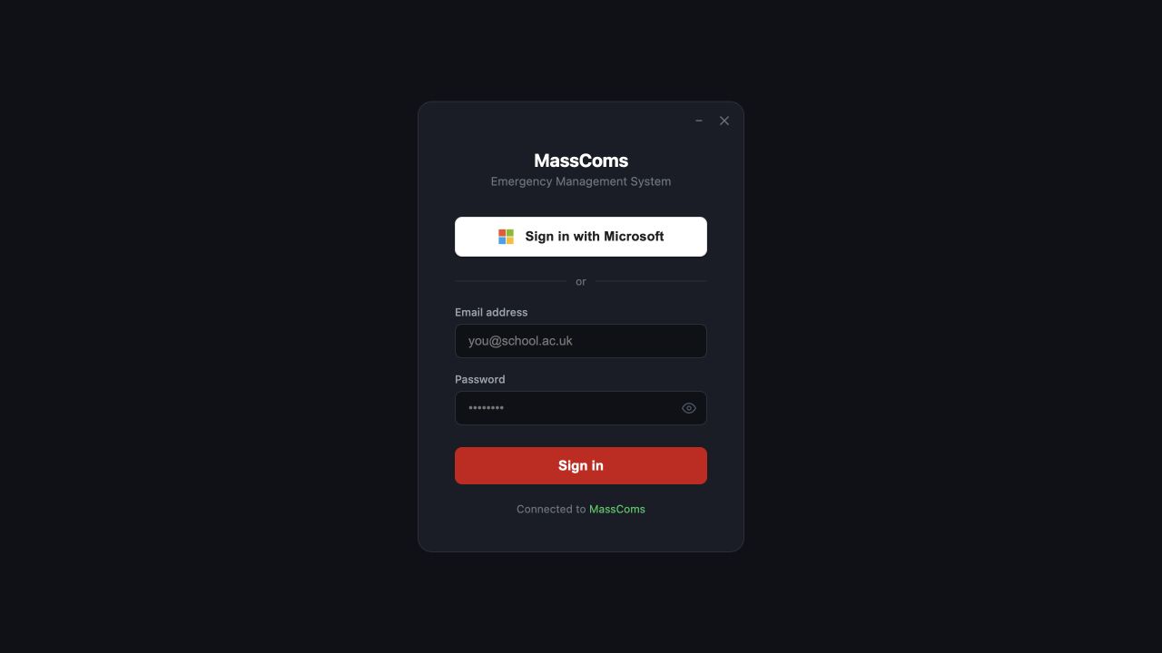 MassComs Agent sign-in window with Microsoft SSO and email options.