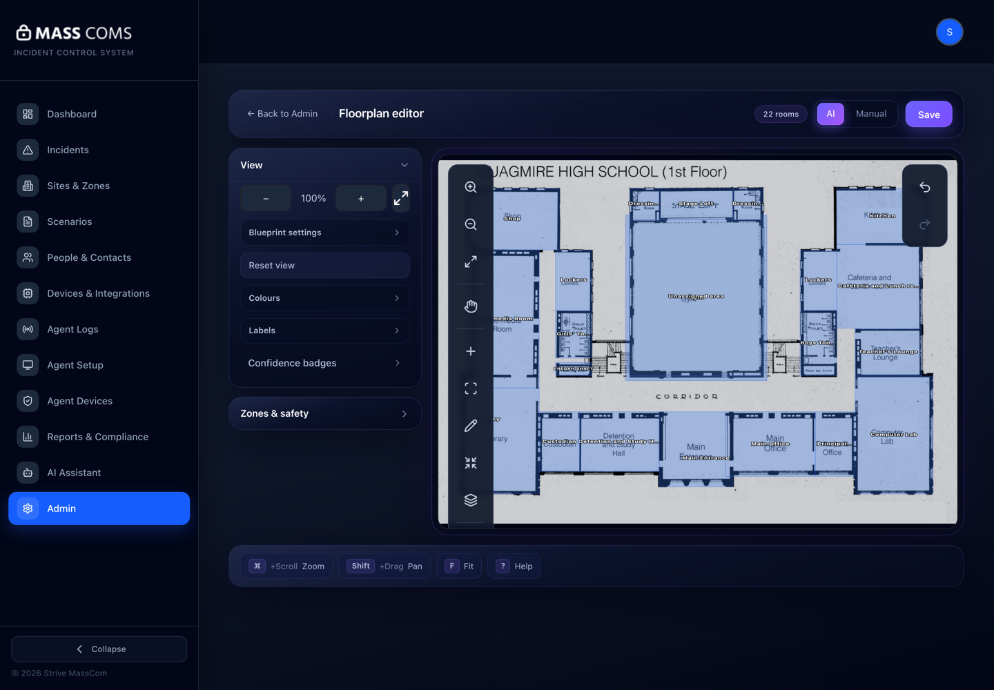 MassComs floorplan editor after a full AI analysis, showing detected rooms and the safety tools in the canvas rail.