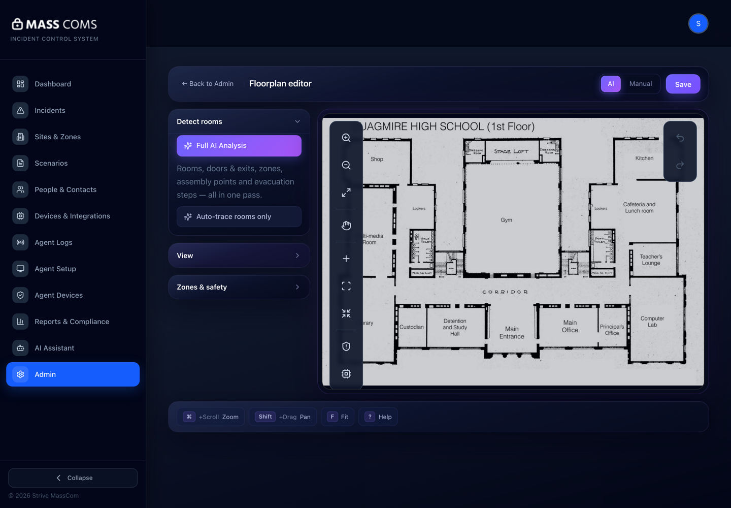 MassComs floorplan editor View panel showing zoom, Blueprint settings, Reset view, Colours, Labels and Confidence badges.