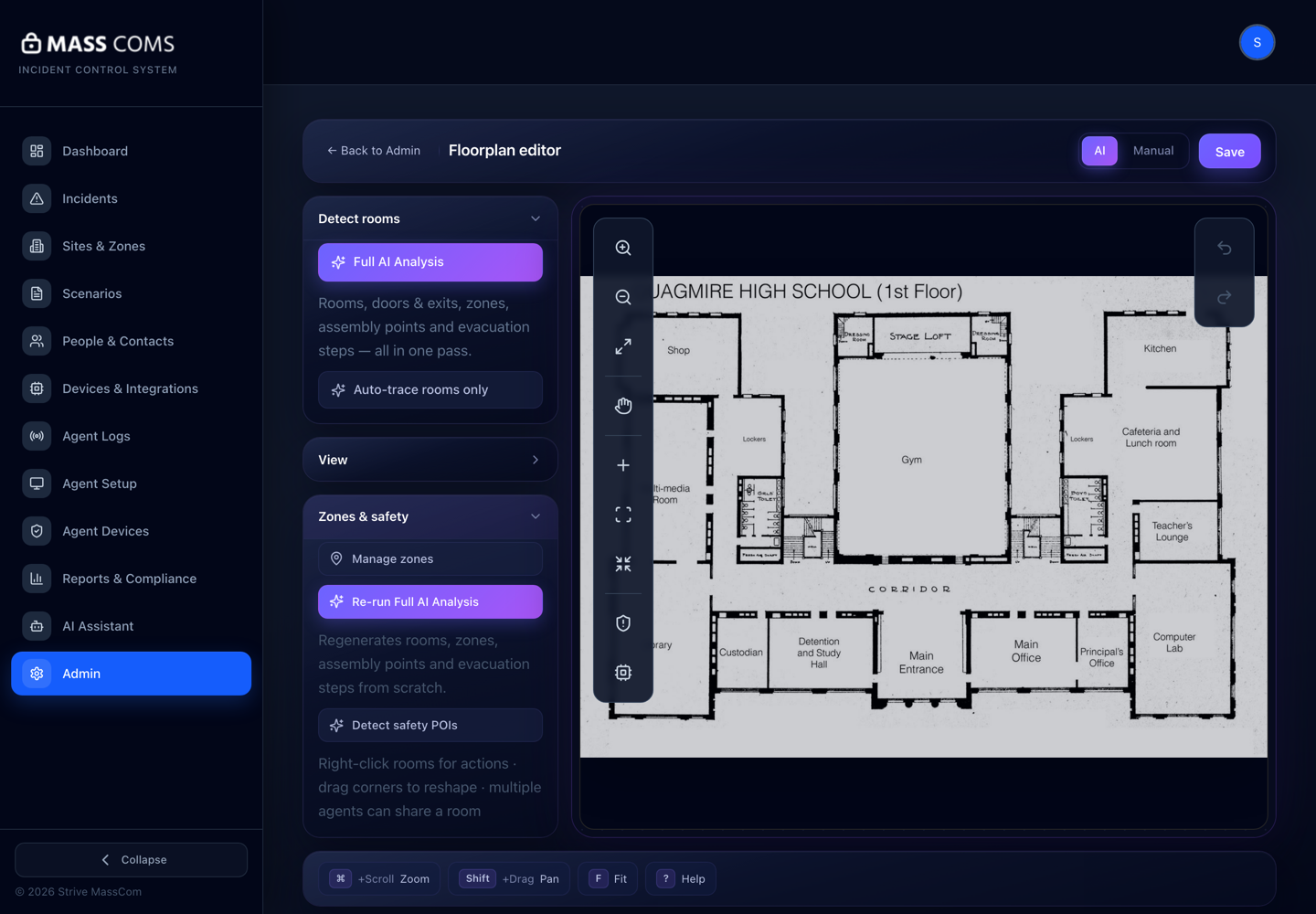 MassComs floorplan editor Zones and safety panel showing Manage zones, Re-run Full AI Analysis and Detect safety POIs.