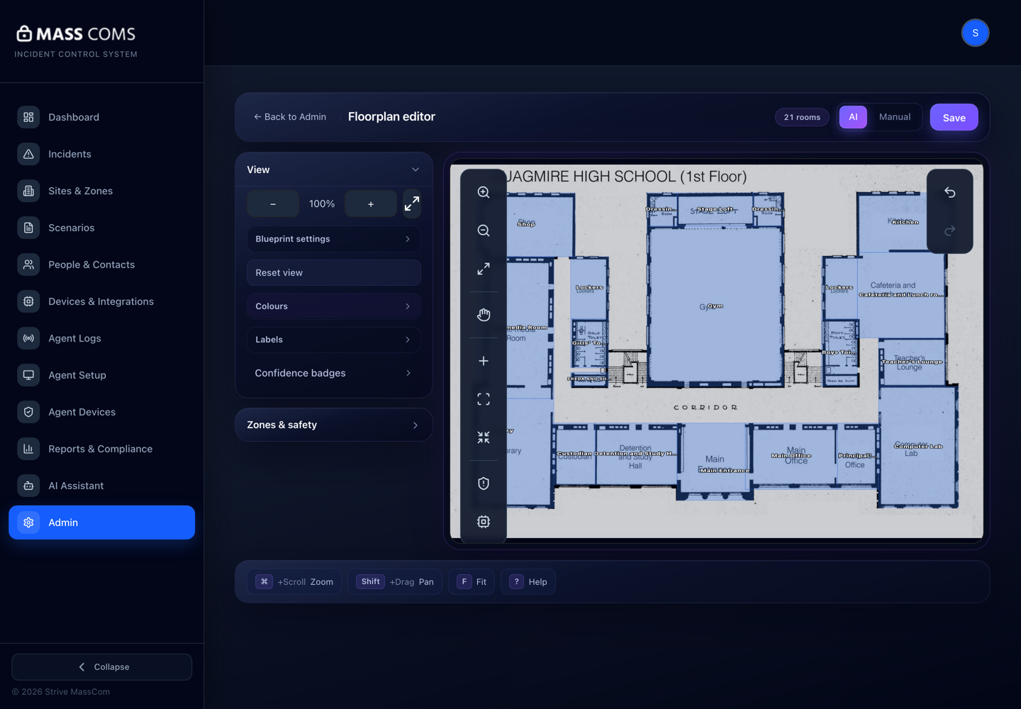 MassComs floorplan editor after auto-trace, showing 21 detected rooms shaded over a school floor plan with their names read from the drawing.