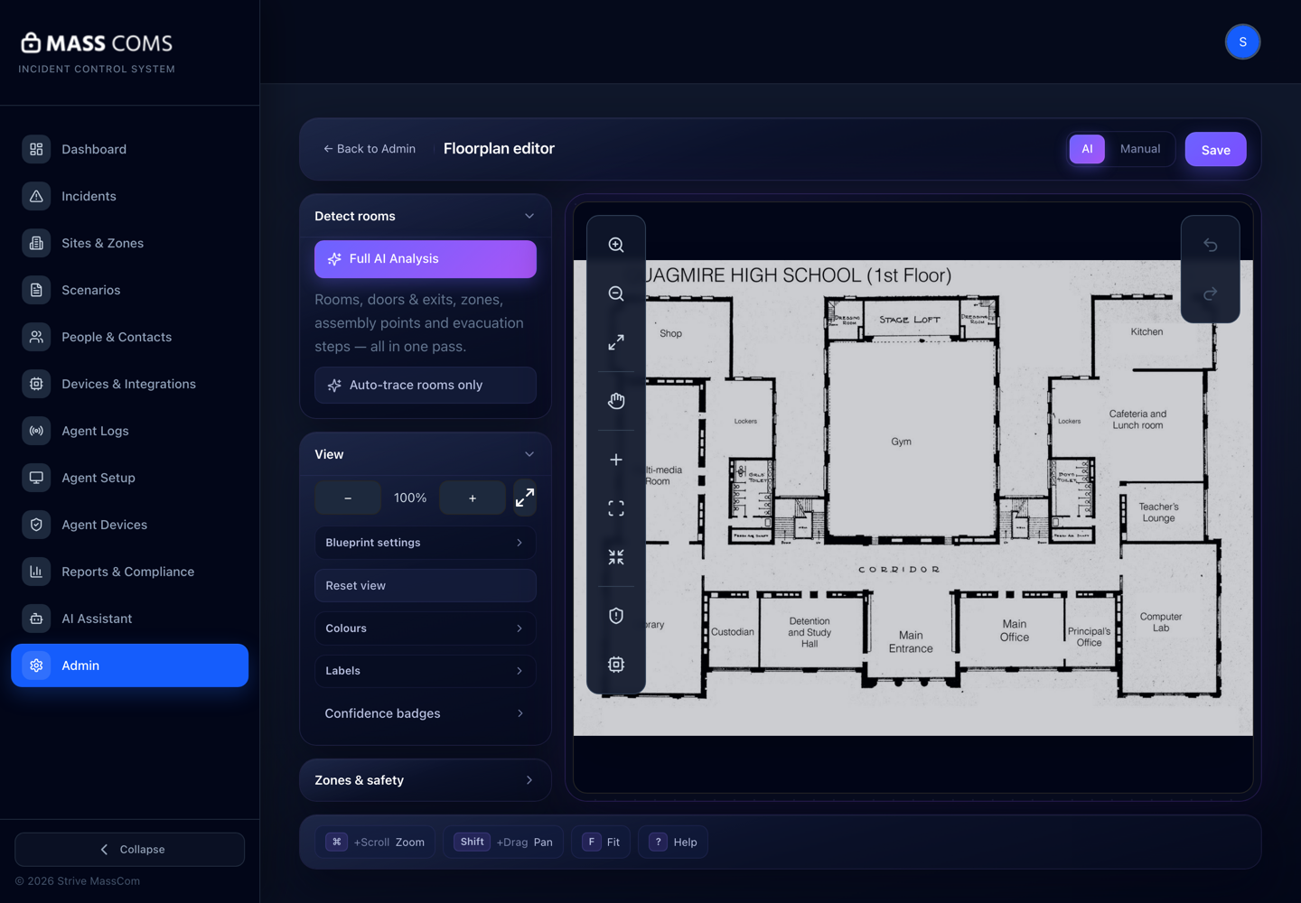 MassComs floorplan editor showing an uploaded school floor plan on the canvas with the Detect rooms and View panels on the left.