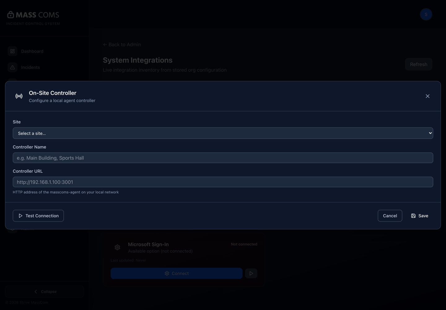 MassComs on-site controller dialog with controller name and local network URL.