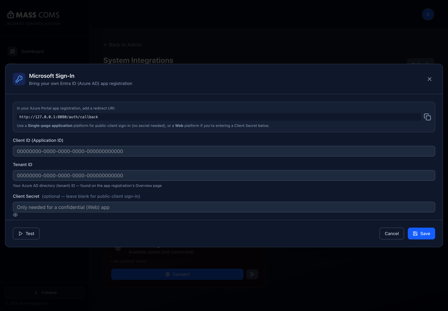 MassComs Microsoft Sign-In dialog showing the redirect URI, Client ID, Tenant ID and optional Client Secret.