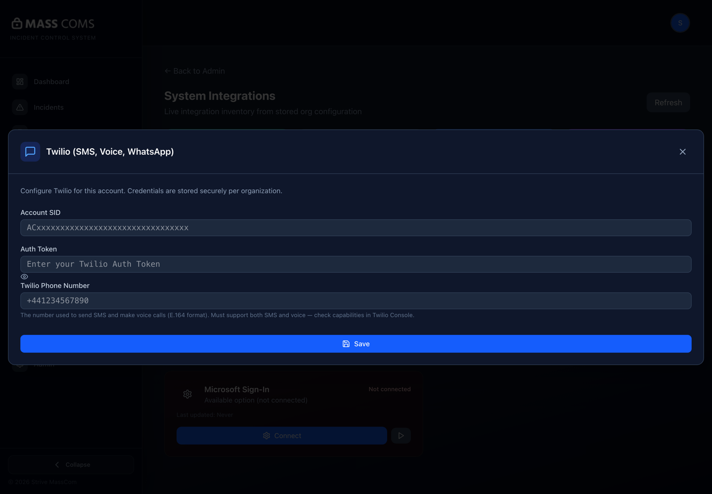 MassComs Twilio dialog showing Account SID, Auth Token and Twilio Phone Number fields.