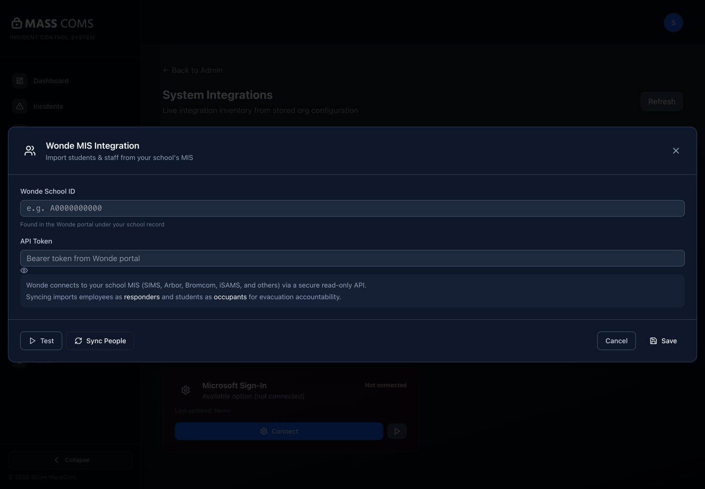 MassComs Wonde MIS Integration dialog showing the School ID and API Token fields.