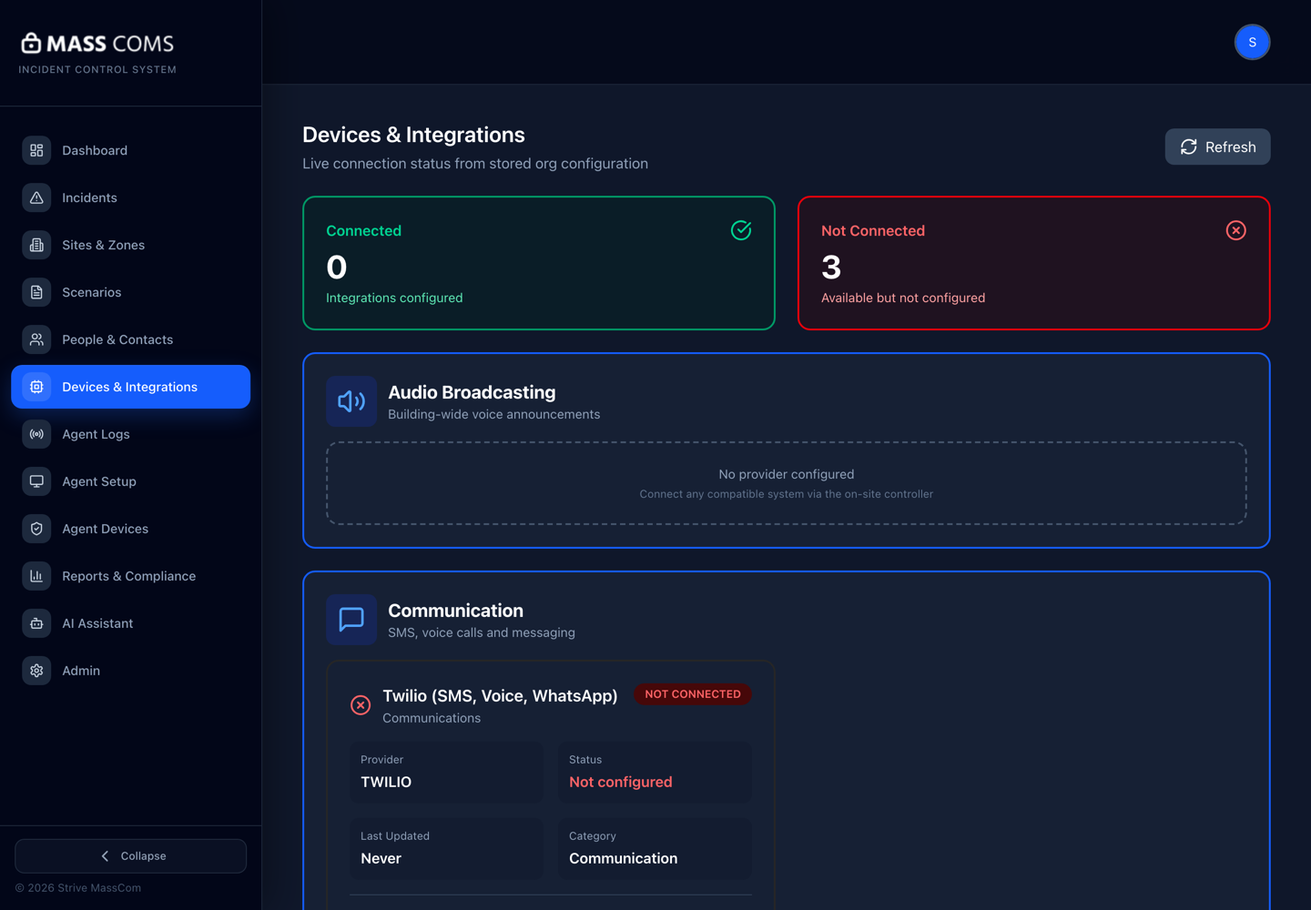 MassComs Devices and Integrations screen showing live connection status by provider.