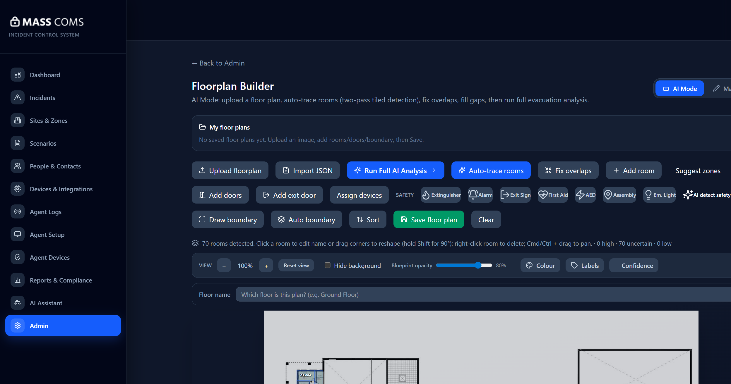 MassComs floorplan builder showing an uploaded plan with detected room boundaries.