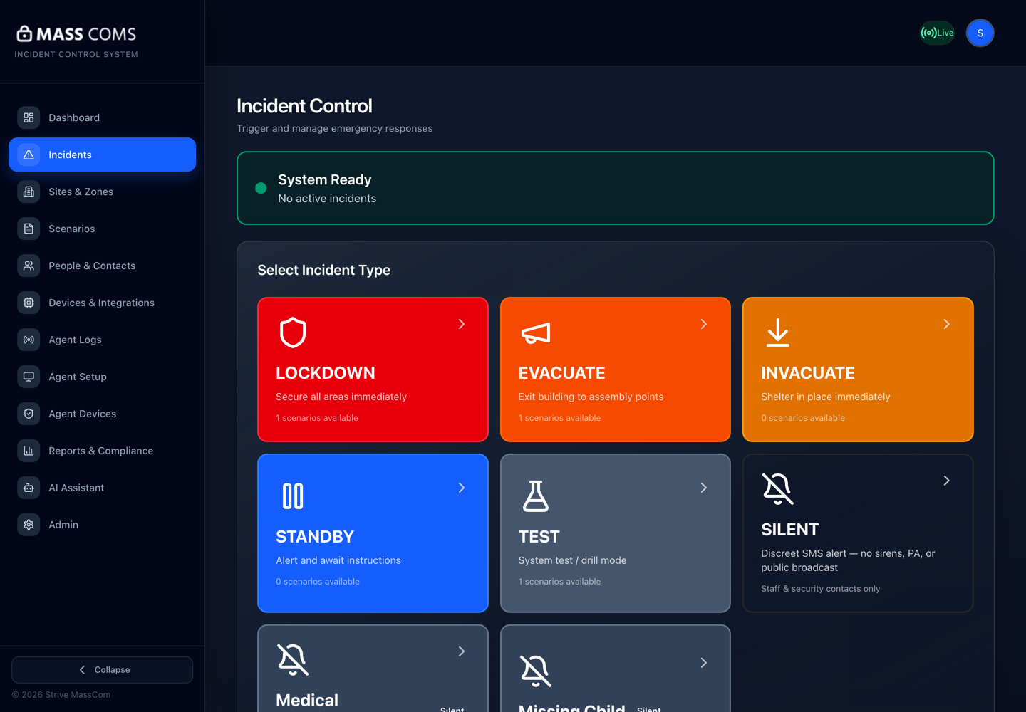 MassComs incident control screen in its ready state with incident types listed.