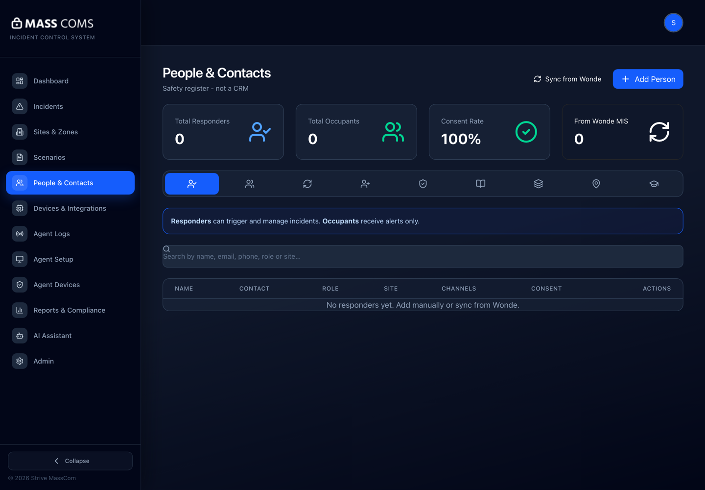 MassComs People and Contacts screen showing channels and consent against each record.