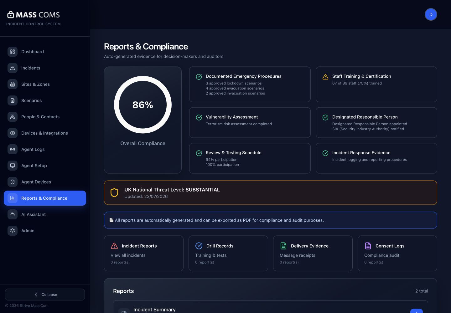 MassComs reports and compliance screen.