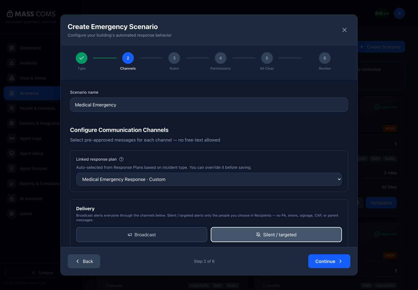 MassComs scenario wizard step 2 showing the linked response plan, Delivery toggle and channel sections.