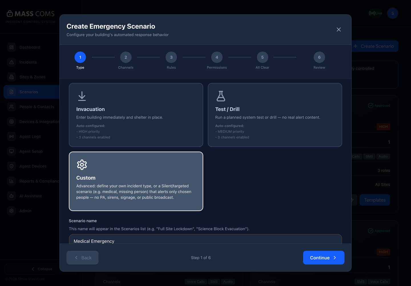 MassComs scenario creation wizard on its first step.