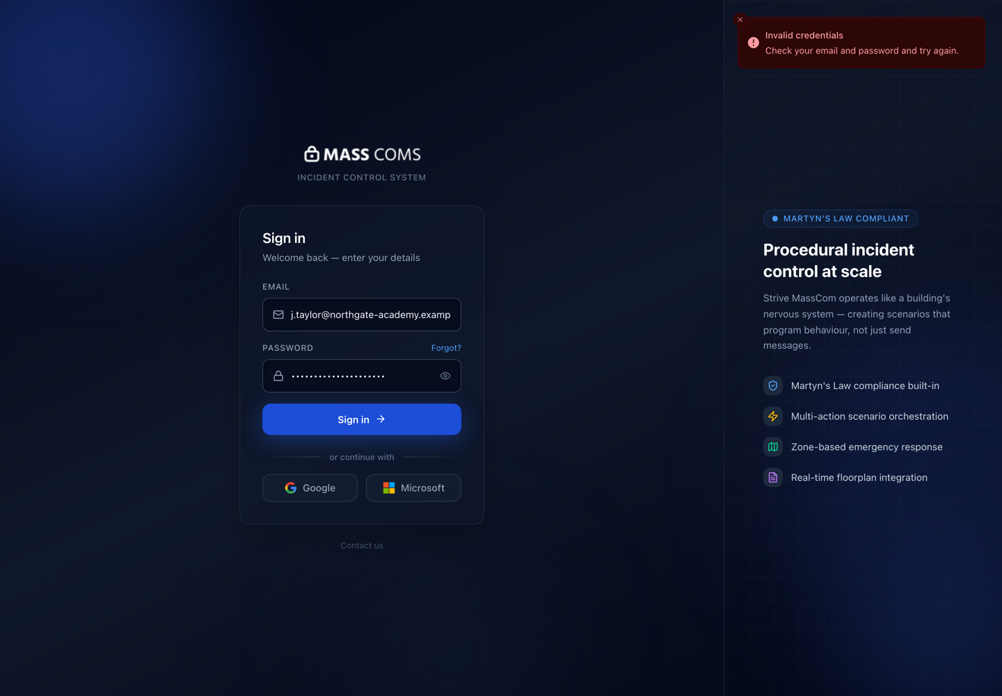 MassComs sign-in page showing a failed sign-in attempt.