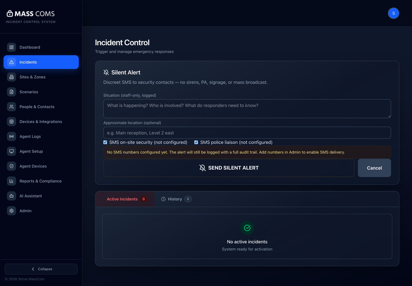 MassComs Silent Alert panel with situation and location fields and the two SMS recipient options.