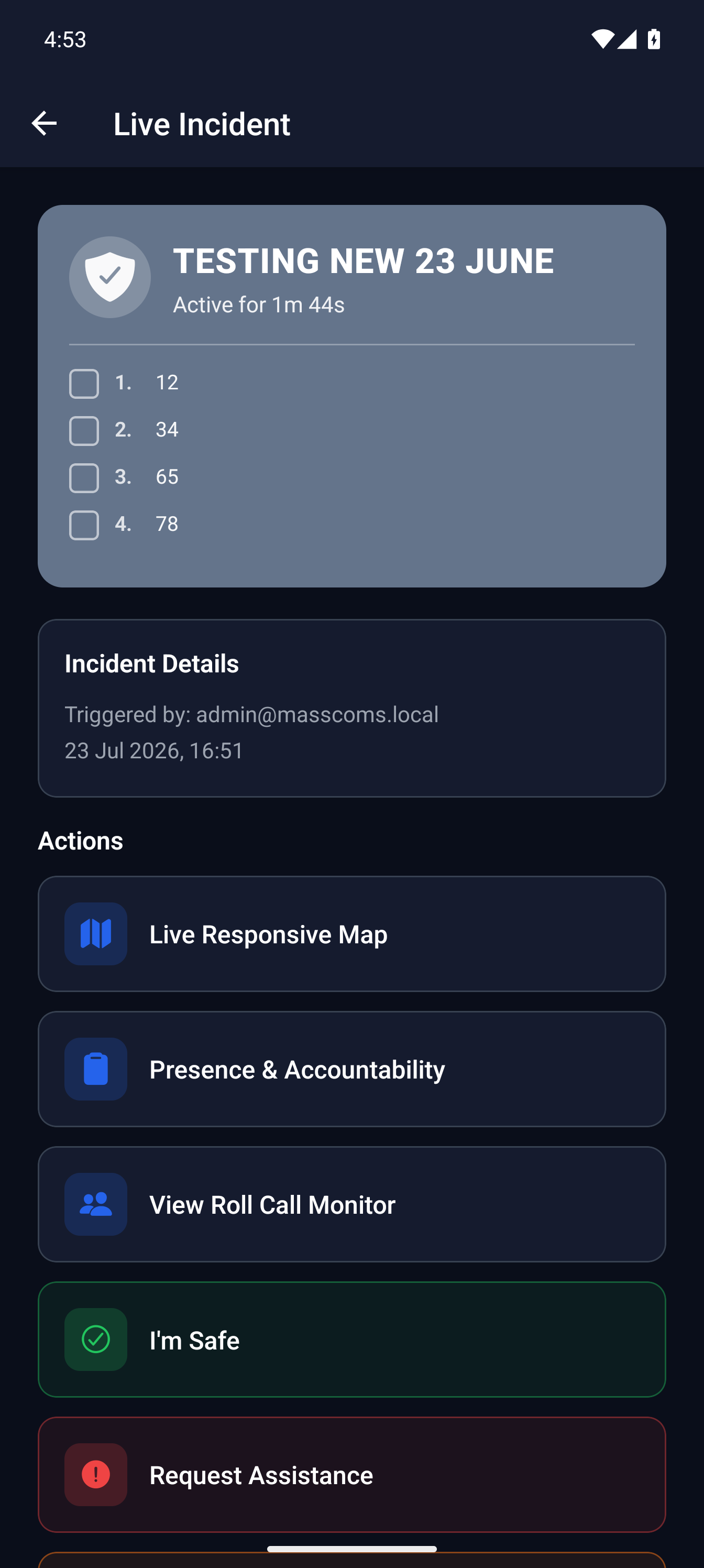 MassComs mobile app showing an active drill with response actions.