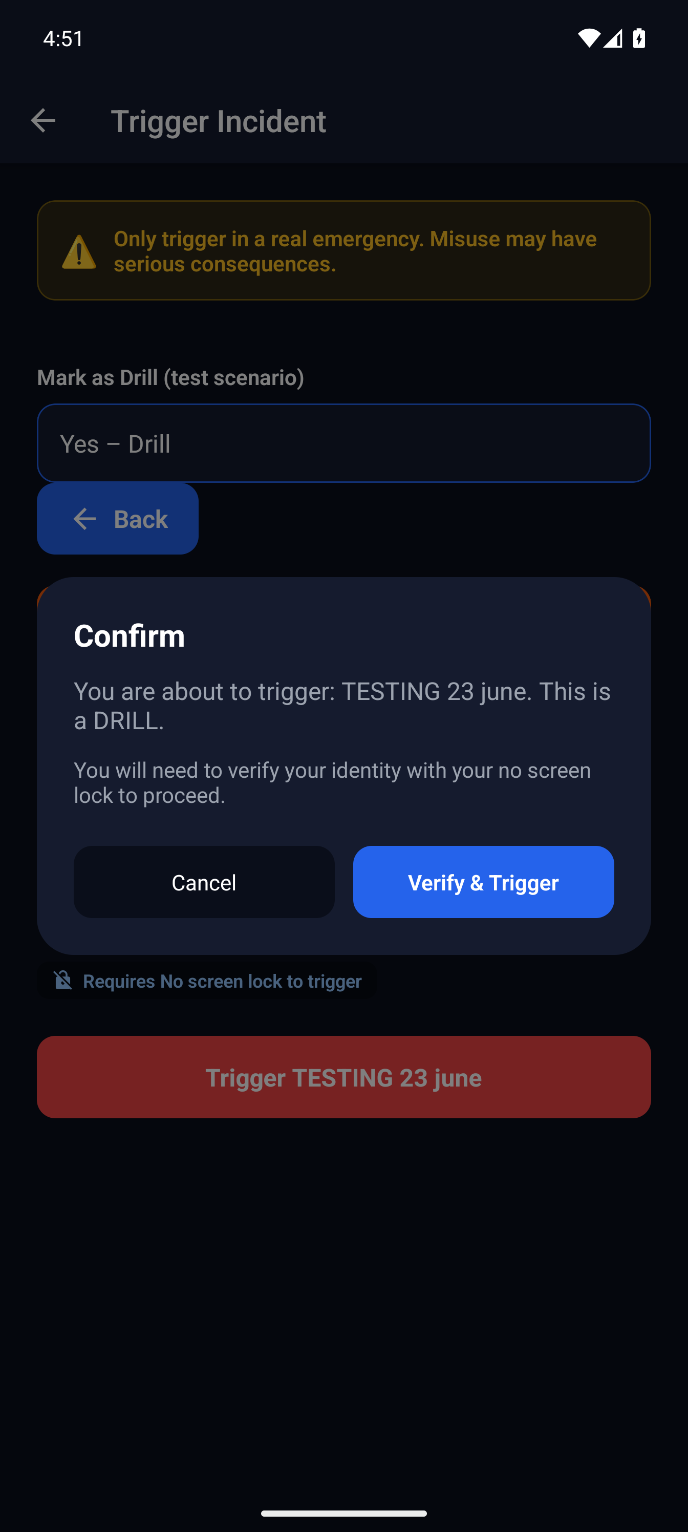 MassComs mobile app confirming a drill before triggering.