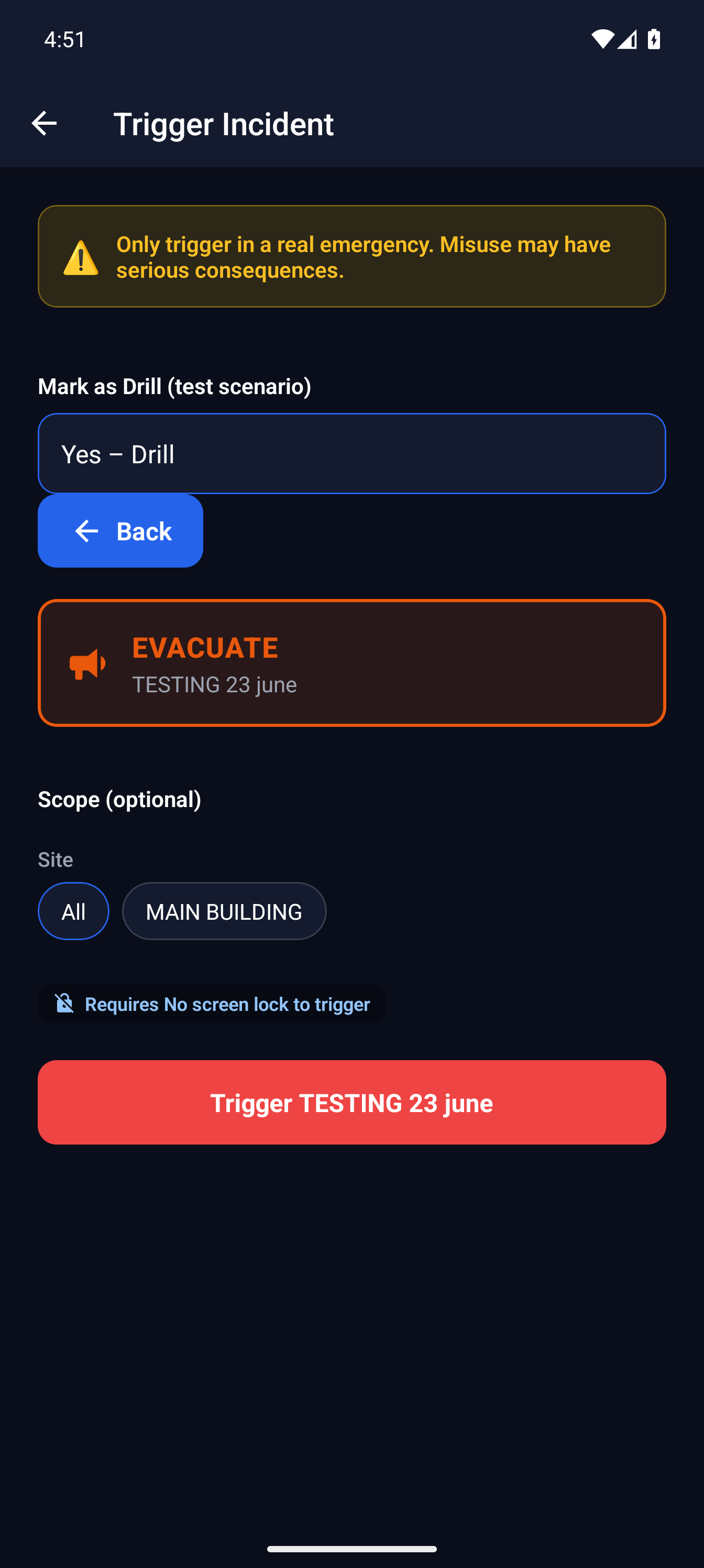 MassComs mobile app ready-to-trigger confirmation screen.