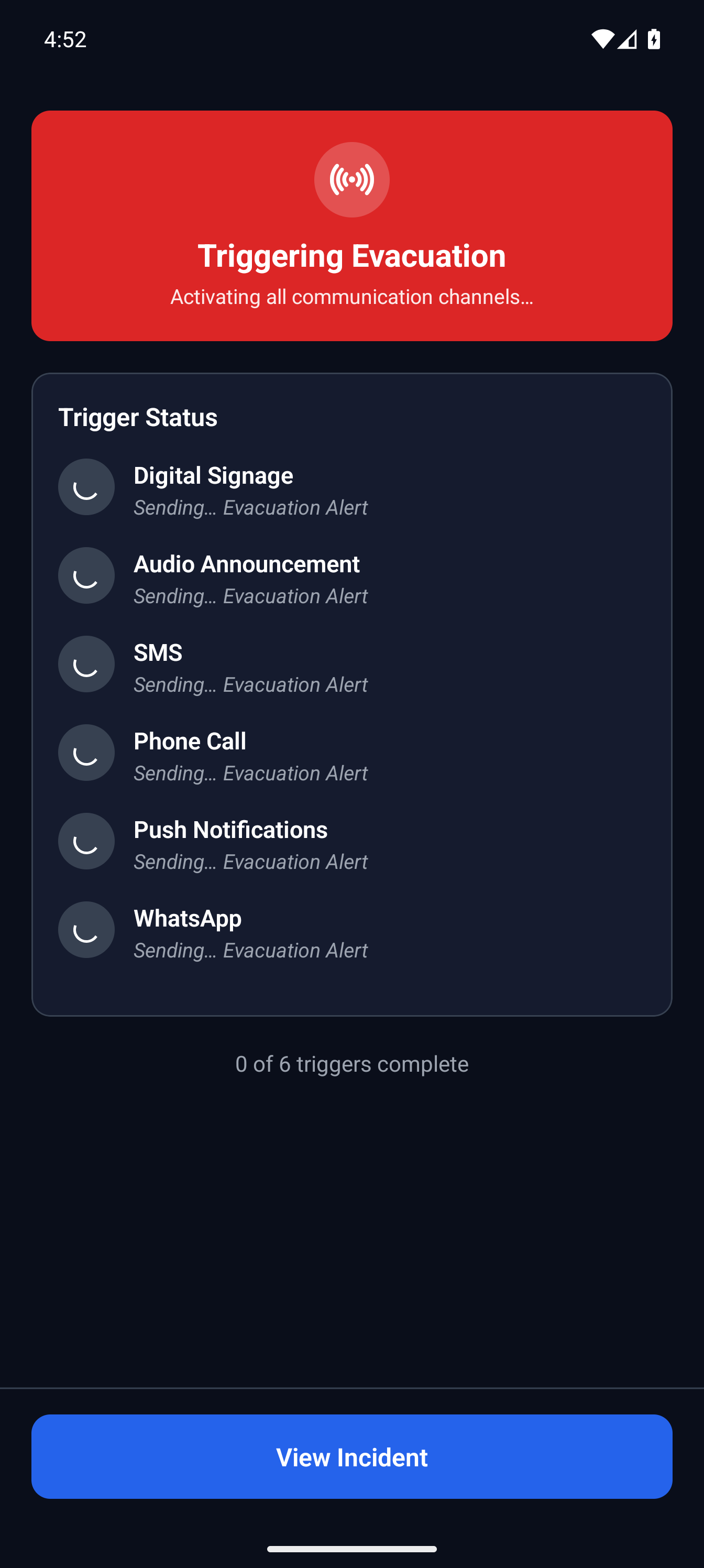 MassComs mobile app trigger status screen with delivery data and timeline.