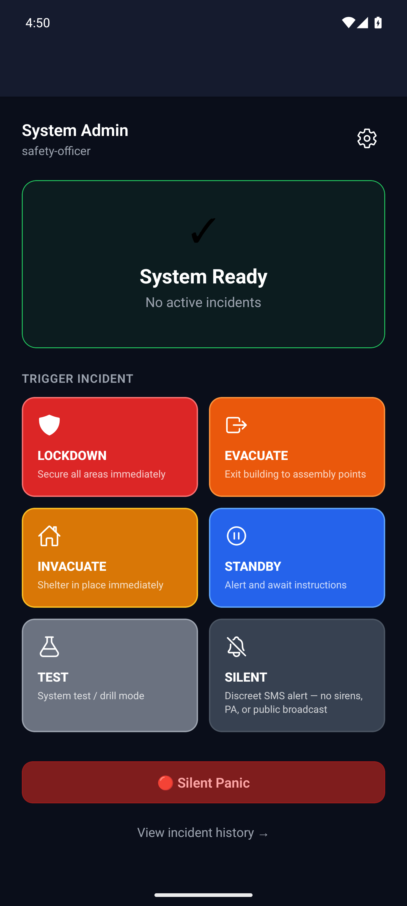 MassComs mobile app home screen showing system ready and trigger options.