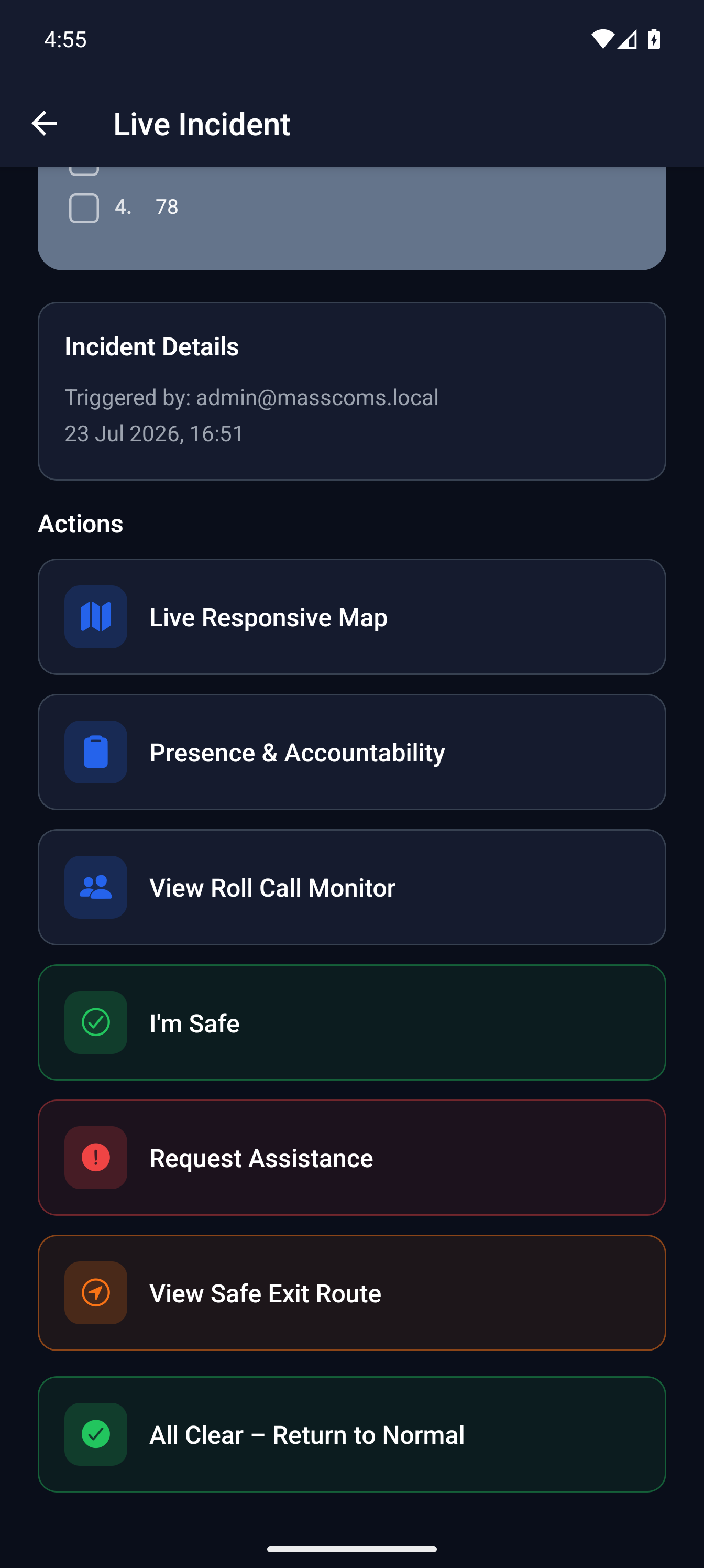 MassComs mobile app showing incident actions including the exit route.