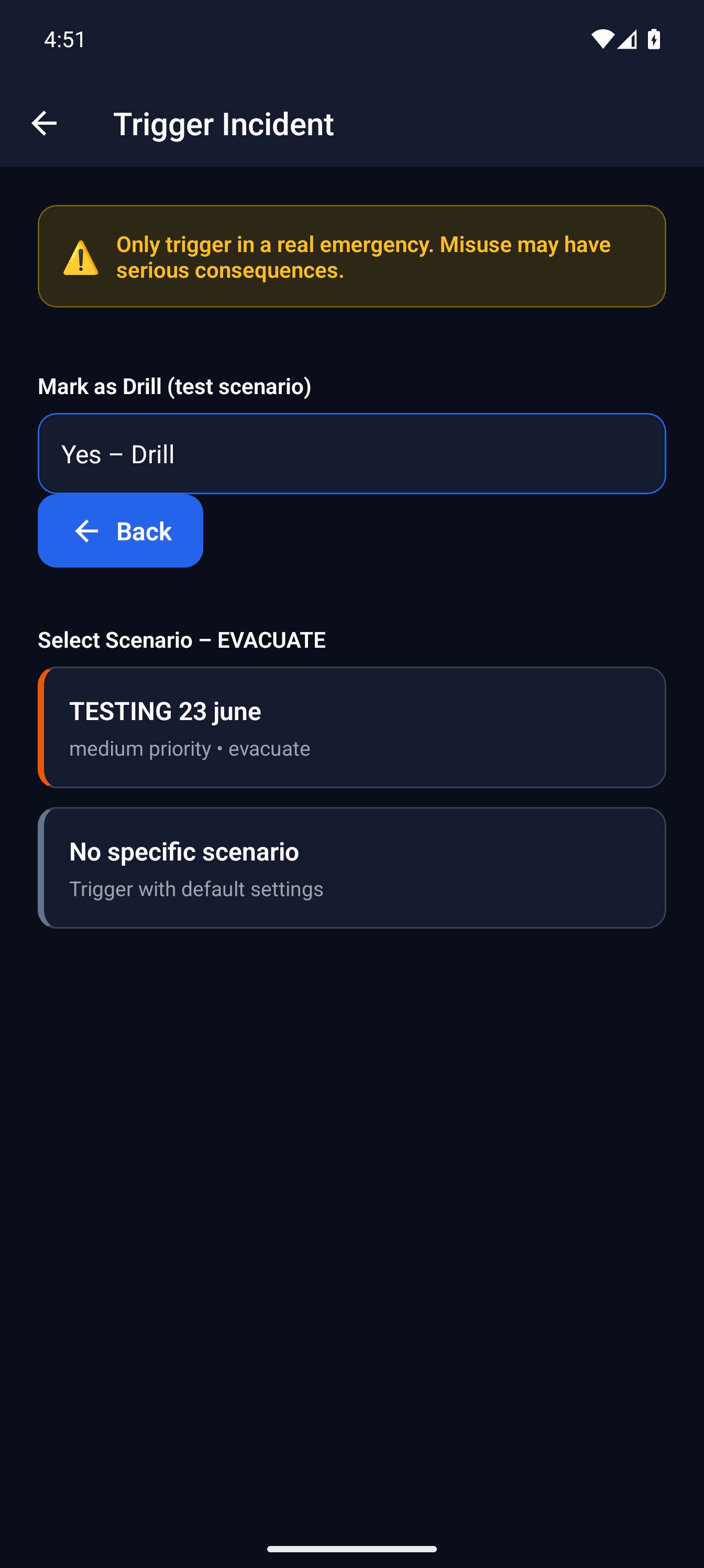 MassComs mobile app showing incident type and scenario selection.