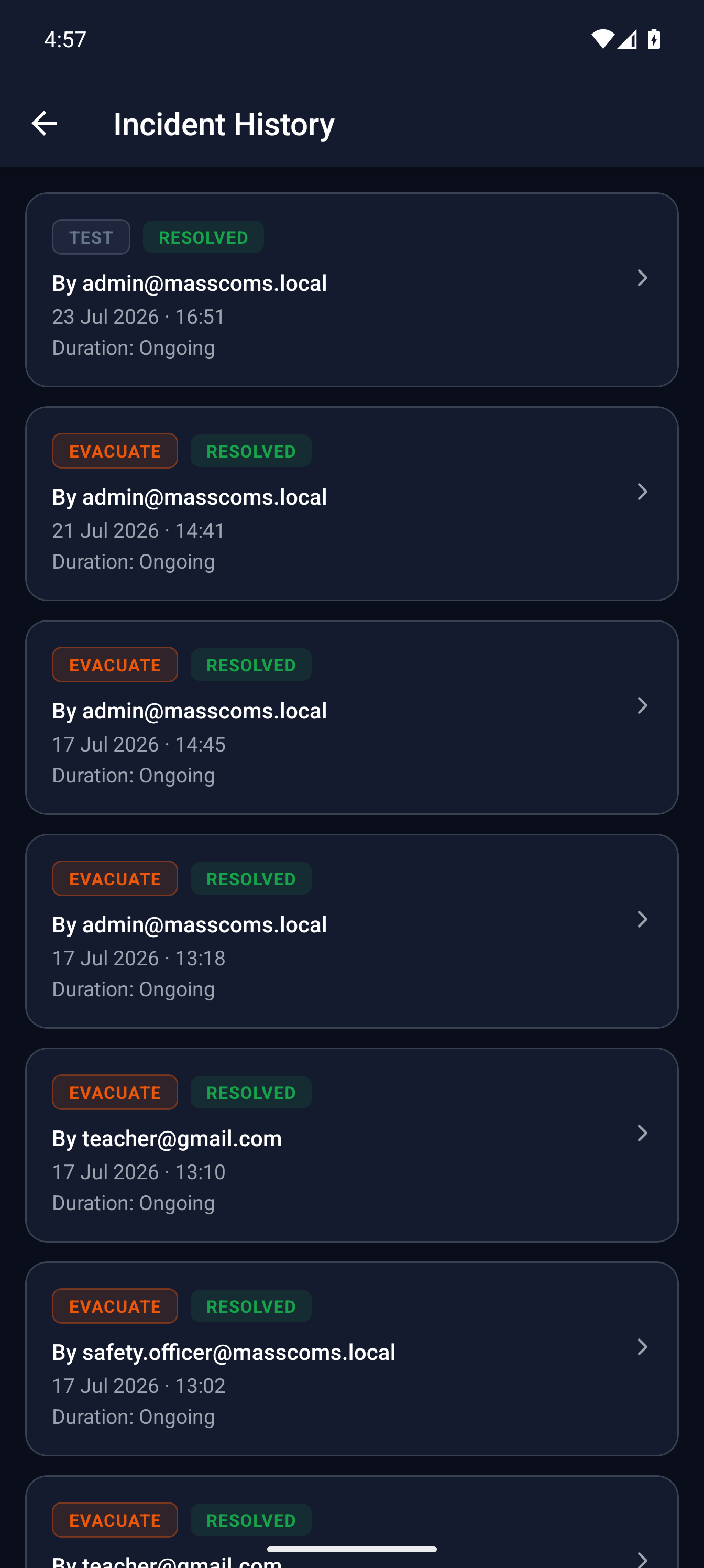 MassComs mobile app showing test and drill history.