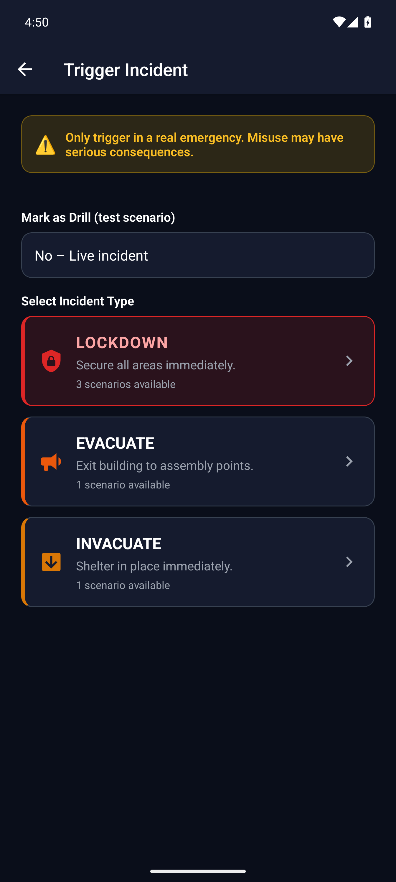 MassComs mobile app trigger setup screen with location fields.