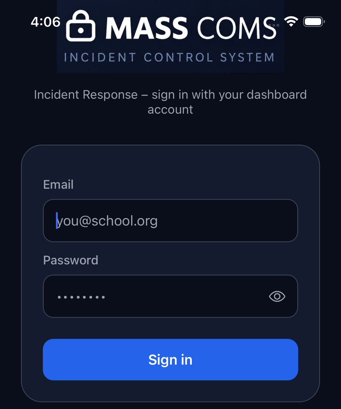 MassComs mobile app sign-in screen.