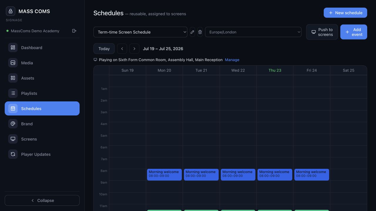 MassComs signage schedule editor with a time window configured.