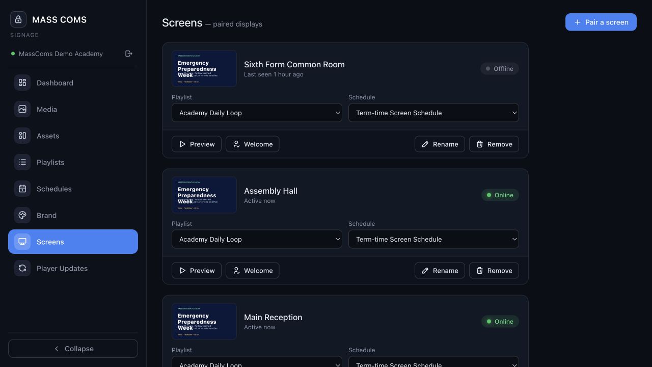 MassComs signage dashboard showing paired screens and their status.