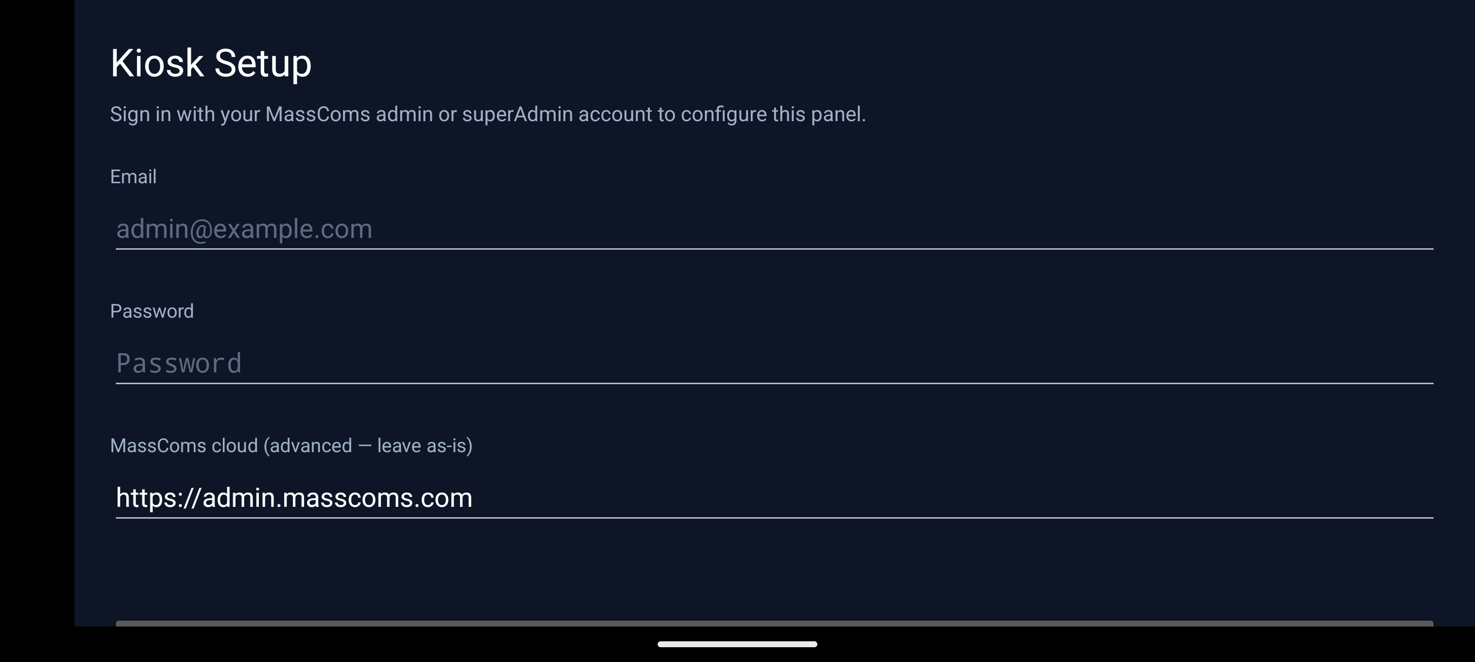 MassComs Android kiosk setup screen during provisioning.