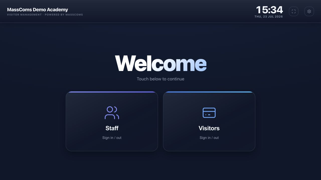 MassComs visitor kiosk welcome screen with staff and visitor options.